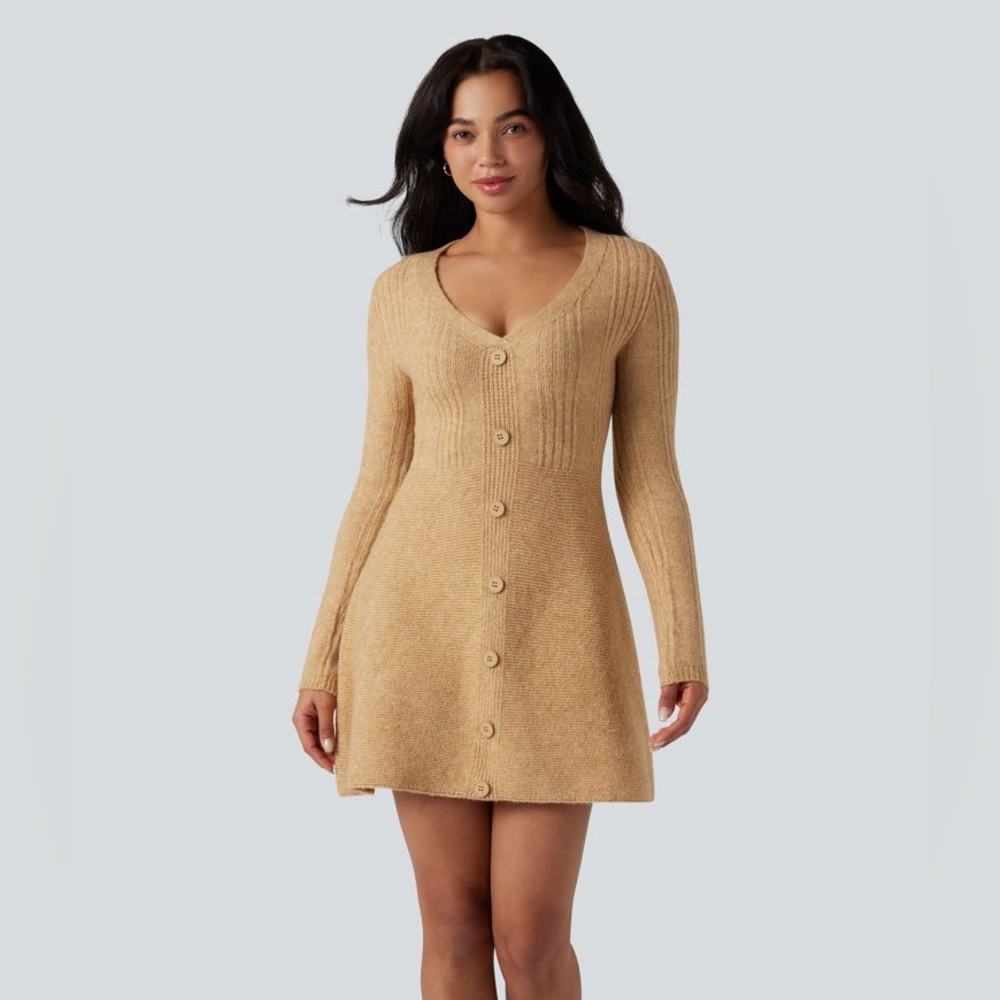 Halara Button-Front Sweater Dress in Camel